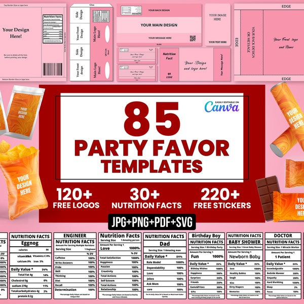 85 Party favor Templates, Party favors, Template Bundle, Chocolate Wrapper Template, Water Bottle Template, Chip Bags Templates, Cake Box