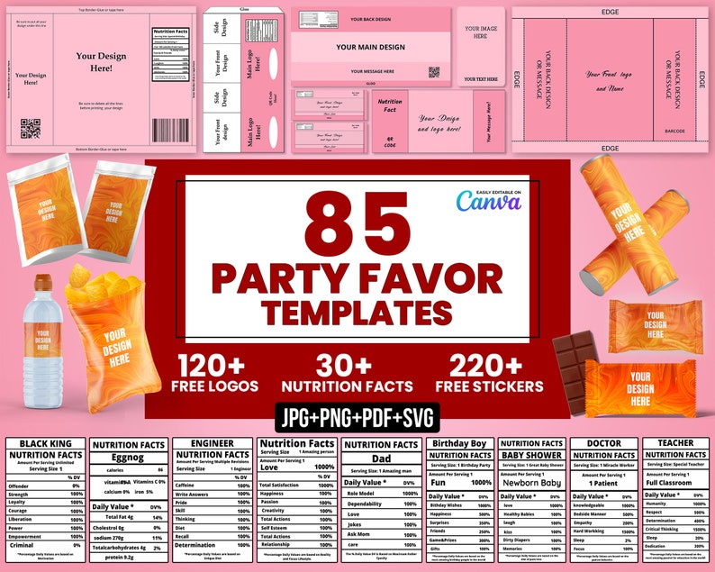 85 Party favor Templates, Party favors, Template Bundle, Chocolate Wrapper Template, Water Bottle Template, Chip Bags Templates, Cake Box image 1