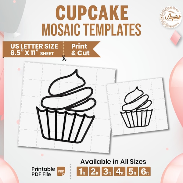 Cupcake Mosaic From Balloons Template Bundle , Mosaic Template , Cupcake, Numbers Balloon Mosaic Template , Mosaic Frame Template ,