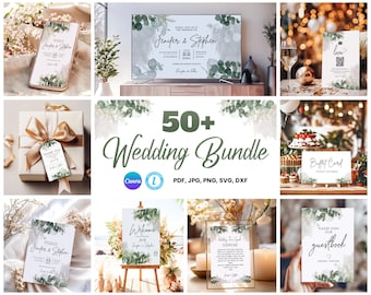 Mega Greenery Wedding Bundle, Editable Greenery Wedding Invitation Templates, Wedding Invite, Wedding Sign , Canva Templett Instant Download