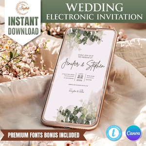 Digitale Hochzeitseinladung, Grüne Einladungsvorlage, umweltfreundliche E-Einladung, elektronische Hochzeitseinladung, digitale Hochzeitseinladung, DIY