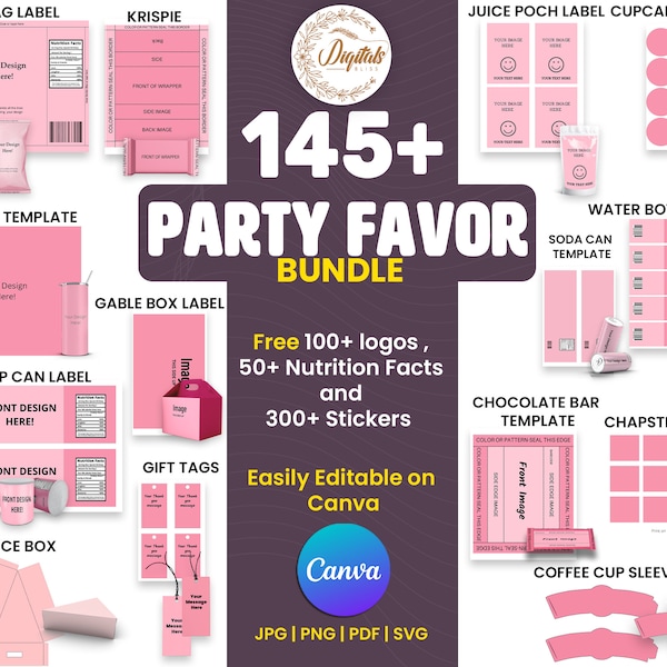 145+ Party Favor Templates, Template Bundle, Party Favors, Chip Bag Template, Capri Sun Labels , Chocolate Bar Wrapper Template, Ring Pop