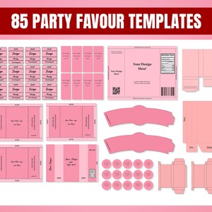 85 Party favor Templates, Party favors, Template Bundle, Chocolate Wrapper Template, Water Bottle Template, Chip Bags Templates, Cake Box