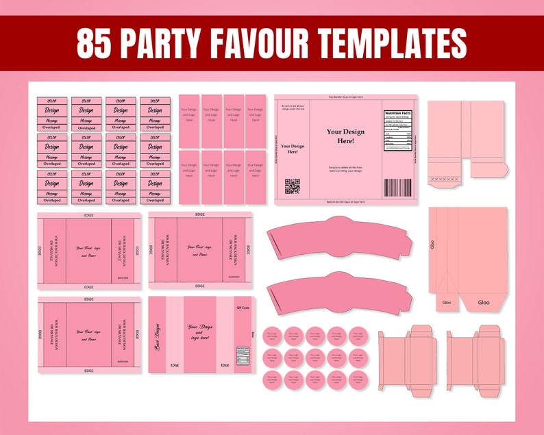 85 Party favor Templates, Party favors, Template Bundle, Chocolate Wrapper Template, Water Bottle Template, Chip Bags Templates, Cake Box