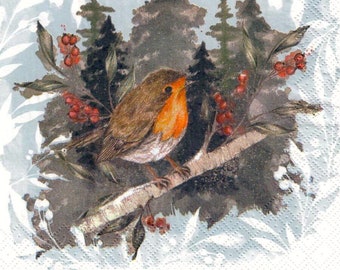 Christmas Robin Napkins, Festive Decoupage Paper, Scrapbooking (Set of 2, not a pack)
