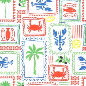 May include: A repeating pattern on a white background featuring sea-themed illustrations. The design includes red crabs, blue lobsters, and orange fish, all within colourful frames. Green palm trees and olive branches complete the nautical theme.