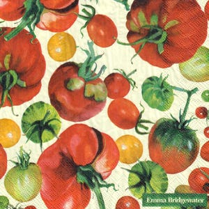 May include: A white background with a repeating pattern of red and green tomatoes. The tomatoes are painted in a watercolour style and have a realistic appearance. The text "Emma Bridgewater" is printed in the bottom right corner of the image.