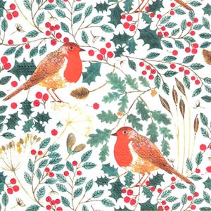 Serviettes de découpage Robin et petits fruits rouges, serviettes en papier Robin de Noël pour découpage, lot de 2 pour le scrapbooking, techniques mixtes et projets artistiques