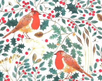 Robin and Red Berries Decoupage Napkins , Christmas Robin Paper Napkins for Decoupage,  (Set of 2, not a pack)