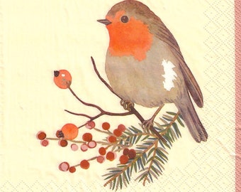 Christmas Robin Decoupage Paper Napkins, (Set of 2, not a pack)