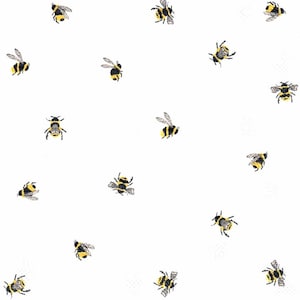 May include: A white background with a repeating pattern of yellow and black bumblebees.
