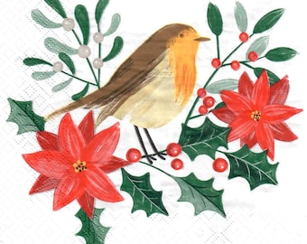 Christmas Robin Paper Napkins for Decoupage, Holiday Craft (Set of 2, not a pack)