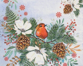 Robin Christmas Paper Napkins, Pine Branch Decoupage, (Set of 2, not a pack)