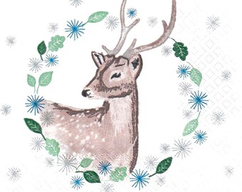 Christmas Deer Paper Napkins, Holiday Decoupage,  (Set of 2, not a pack)