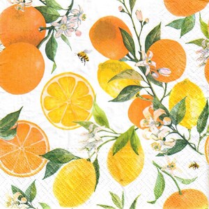May include: A white background features a pattern of oranges, lemons, green leaves, and white blossoms. The oranges are whole and sliced, and the lemons are whole. A small bee is also present in the design.