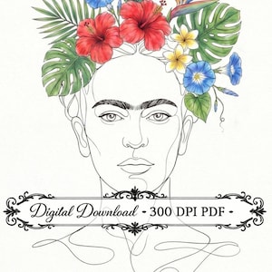 May include: A line art illustration of a face adorned with a vibrant floral crown featuring red hibiscus, blue morning glories, yellow plumeria, and green tropical leaves. A decorative black frame contains the text Digital Download - 300 DPI PDF.