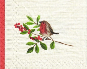 Christmas Robin Paper Napkins, Festive Decoupage (Set of 2, not a pack)