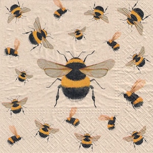 May include: A beige background with multiple illustrations of bumblebees in various positions. The bumblebees are black and yellow with brown wings.