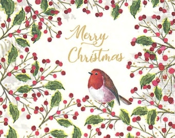 Merry Christmas, Robin and Red Berries Decoupage Napkins , Christmas Robin Paper Napkins for Decoupage, (Set of 2, not a pack)