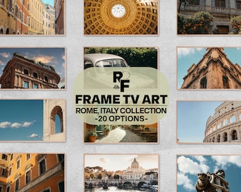 May include: A collage of 9 framed photos showcasing various scenes from Rome, Italy. The photos feature iconic landmarks, architecture, and street scenes. The text "FRAME TV ART" and "ROME, ITALY COLLECTION -20 OPTIONS- " is displayed in the center of the collage.