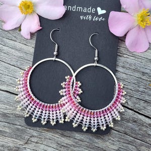 Purple & Pink Delica Bead Hoop Earrings: Silver Fan Design