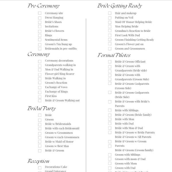 Comprehensive Wedding Photography Checklist for Brides-to-Be Capture Every Moment PDF Download