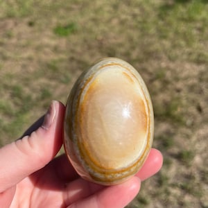 May include: A smooth, polished stone egg featuring concentric bands of cream, beige, and golden-brown colors. The surface has a glossy finish that reflects light, highlighting the natural layered patterns within the mineral structure of the object.