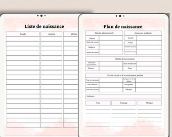 Op de afbeelding: Een printbare checklist voor het plannen van een geboorte. De checklist bevat secties voor ziekenhuis- en medische details, verzekeringsinformatie, geboorteplan en voorkeuren voor arbeid en bevalling. De checklist is ontworpen met een roze en witte achtergrond.