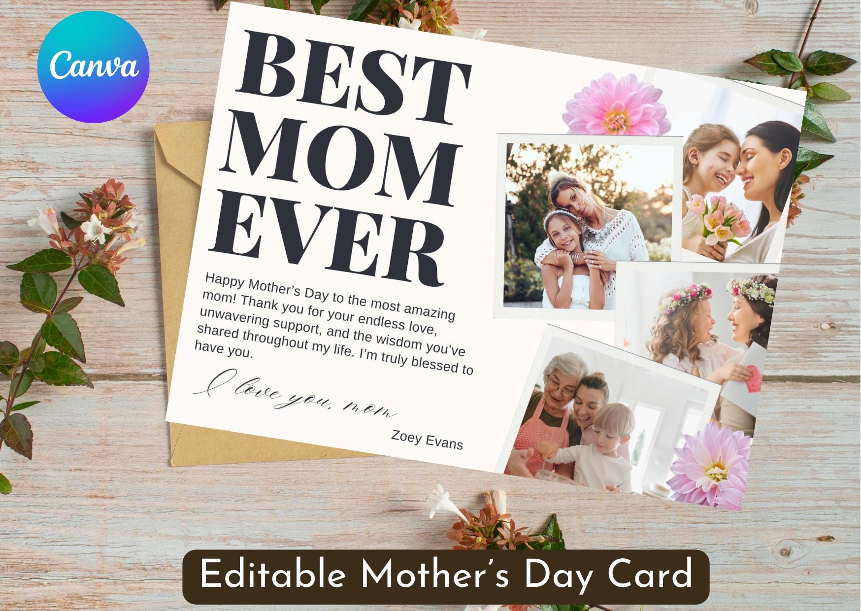 Editable Mother’s Day Card Template | Printable Best Mom Ever Canva ...