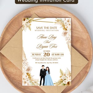 Puede incluir: Tarjeta de invitación de boda con el texto "Save the Date" y los nombres Anne Bay y Bryan Fox. La tarjeta presenta detalles florales y una ilustración de pareja. También se ve el texto "Editable On Canva".