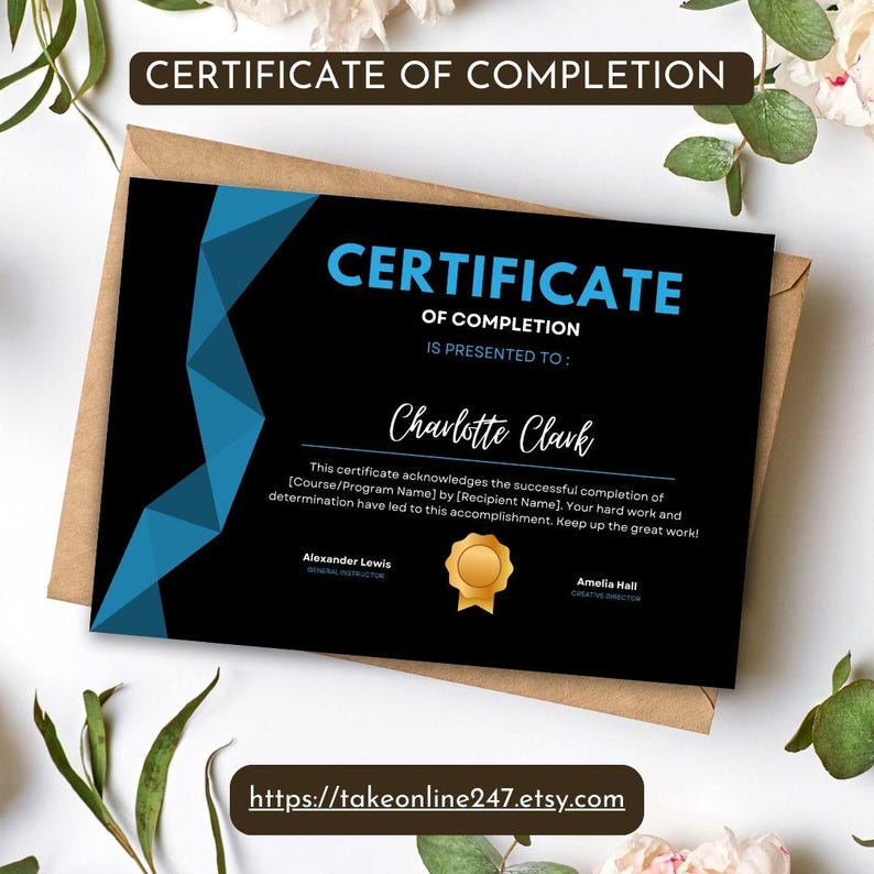 Editable Completion Certificate Template | Printable Digital Award ...