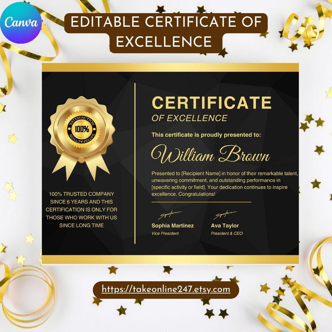 Custom Certificate of Excellence | Editable Printable Award Template ...