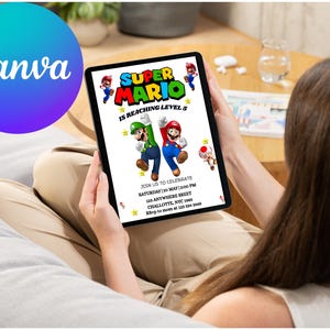 Convite de aniversário do Mario Bros, cartão de aniversário do Super Mario, convite do Super Brothers Boy, videogame, convite infantil, modelo editável para impressão