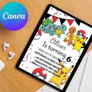 Invitation anniversaire Pokémon | Invitation d'anniversaire imprimable | Invitation d'anniversaire moderne de 5 ans | Invitation d'anniversaire | Thème d'anniversaire moderne