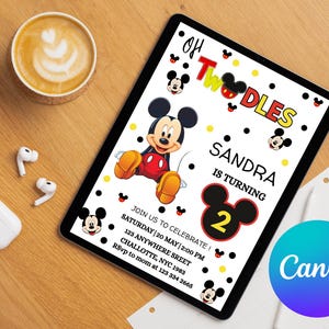 Editable Mickey Mouse 2nd Birthday Invitation: Oh Twodles Canva Evite (Digital)