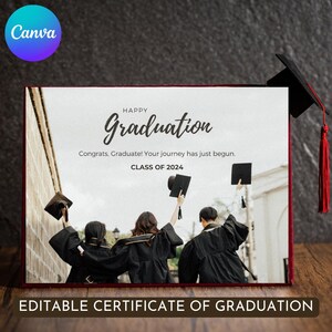 May include: A graduation certificate with a red border and the words "Happy Graduation" in elegant script. The image shows graduates in black gowns throwing their caps in the air. The text "Class of 2024" is also visible.