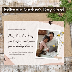 Carte élégante pour la fête des mères | Motif floral imprimable et modifiable, cadeau pour maman en téléchargement numérique, rapide et bien pensé