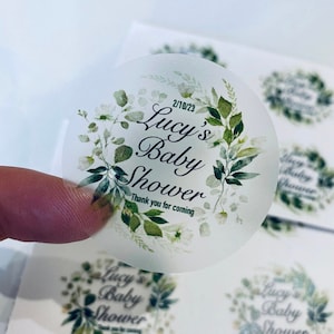 Pegatinas de hojas botánicas de flores blancas / Baby Shower I Texto personalizable nombre de fecha Te agradezco favores