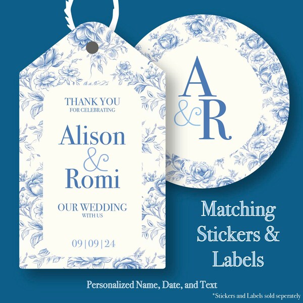 Light Blue Toile De Jouy Initial Wedding Stickers + Tags | White & Blue floral theme I Personalised Round Circle labels Cardboard tags