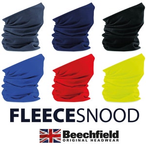 May include: Six fleece neck gaiters in different colours: navy blue, royal blue, black, red, yellow, and neon yellow. The neck gaiters are folded and displayed on a white background. The text "FLEECESNOOD" and "Beechfield ORIGINAL HEADWEAR" is displayed below the neck gaiters.