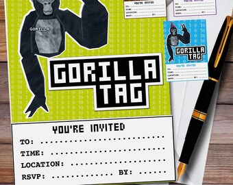 Invitaciones de cumpleaños GORILLA TAG / Invitación de cumpleaños infantil + pegatinas para bolsas de regalos