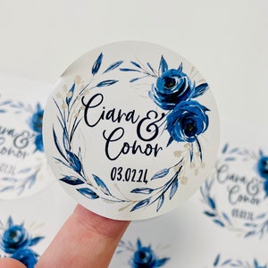 Aquarel indigo roségoud bloemboeket | Gelegenheidsstickers I Gepersonaliseerde verlovingsbruiloft, babyshowerlabels