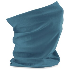 May include: A blue fabric neck gaiter, also known as a neck warmer or face mask, is folded and ready to be worn.