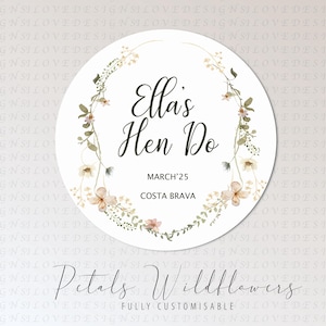Bloemblaadjes HEN DO stickers I Wildflower Floral Design | Bruiloft en gelegenheden Gepersonaliseerde ronde cirkellabels