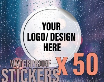 May include: A set of 50 waterproof stickers with a white circle for your logo or design. The text "YOUR LOGO/DESIGN HERE" is printed in black on the sticker. The background is a blurry image of a rainy night.