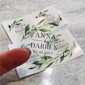 Stickers aquarelle feuilles de rameau d'olivier I Prénoms personnalisés Date I Étiquettes de mariage et d'occasion