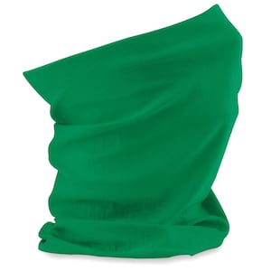 May include: A bright green neck gaiter made of a soft, stretchy fabric. It can be worn as a scarf, headband, or face mask.