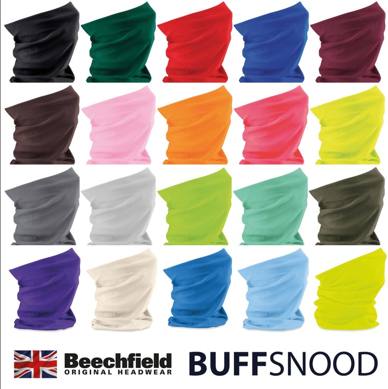 May include: A collection of 20 colourful neck gaiters or buff snoods. The neck gaiters are made of a soft, stretchy fabric and are available in a variety of colours, including black, green, red, blue, brown, pink, orange, yellow, grey, lime green, mint green, and beige. The neck gaiters are perfect for wearing as a scarf, headband, or face mask.