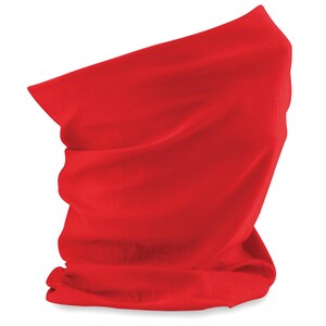 May include: A bright red neck gaiter made of soft fabric. It can be worn as a scarf, headband, or face mask.