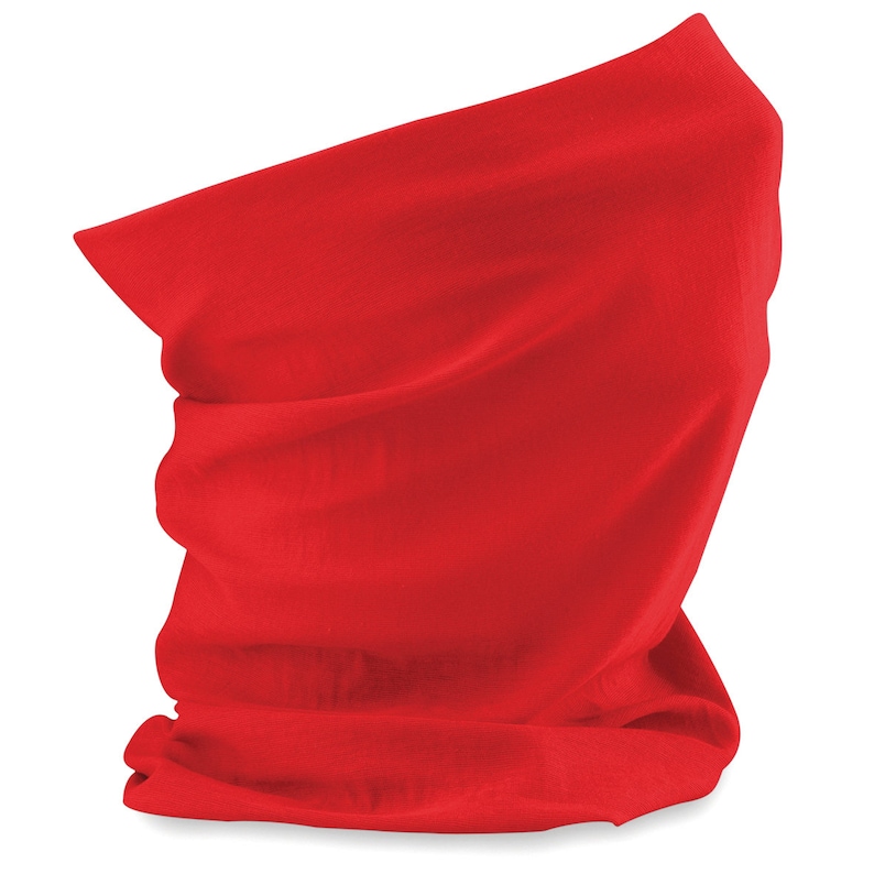 May include: A bright red neck gaiter made of soft fabric. It can be worn as a scarf, headband, or face mask.